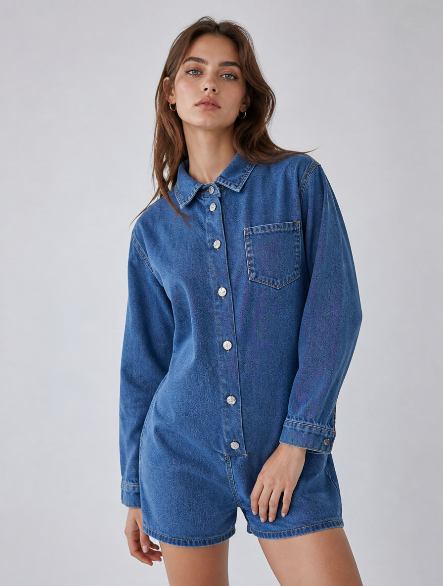 Women's Long Sleeve Casual Loose Cowboy Siamese Women's Jumpsuit/clothing