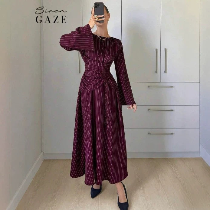 Vertical Stripes Long Sleeve Round Neck Pleated Nipped Waist Slimming Dress