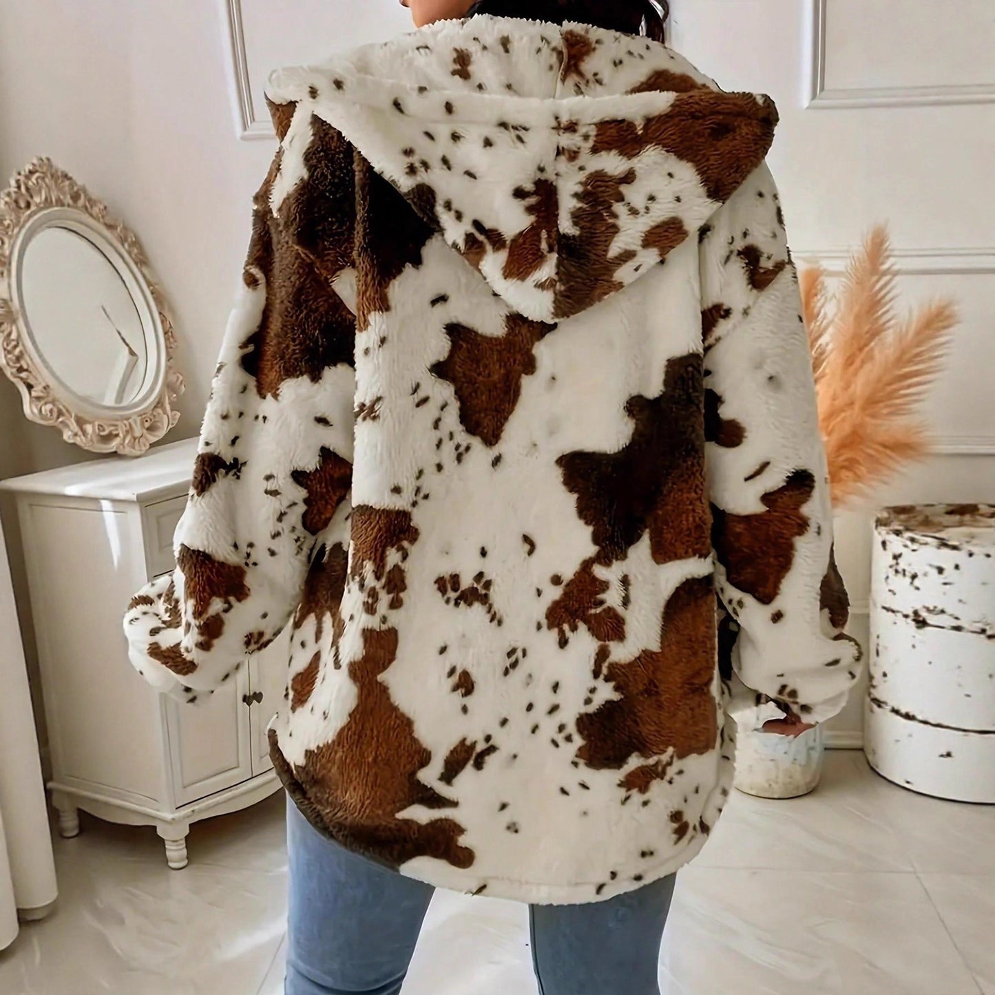 Women's Casual Fashion Plush Cow Print Button Knitwear