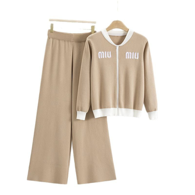 Women's Knitted Zipper Woolen Casual Trousers Two-piece Suits