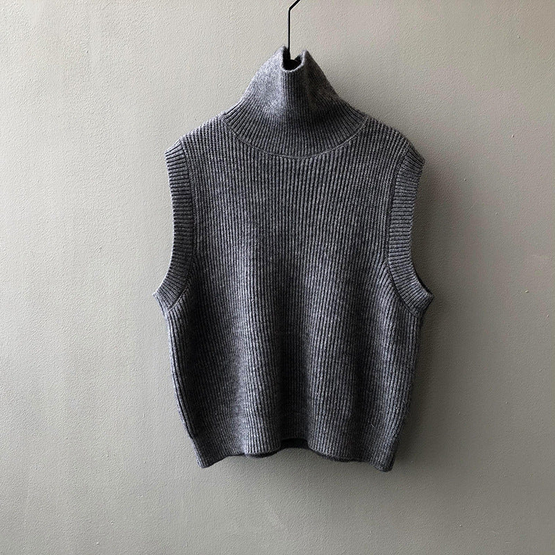 Women's Knitting Waistcoat Turtleneck Solid Color Sleeveless Vests