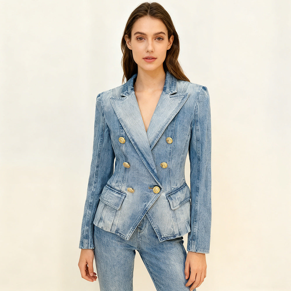 New Slim Double-breasted Lion Button Denim Blazers