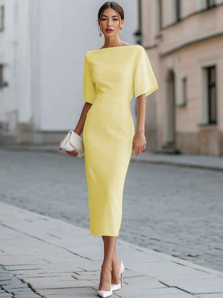 Women's Color Round Neck Shirt With Half Sleeve Elegant Dress