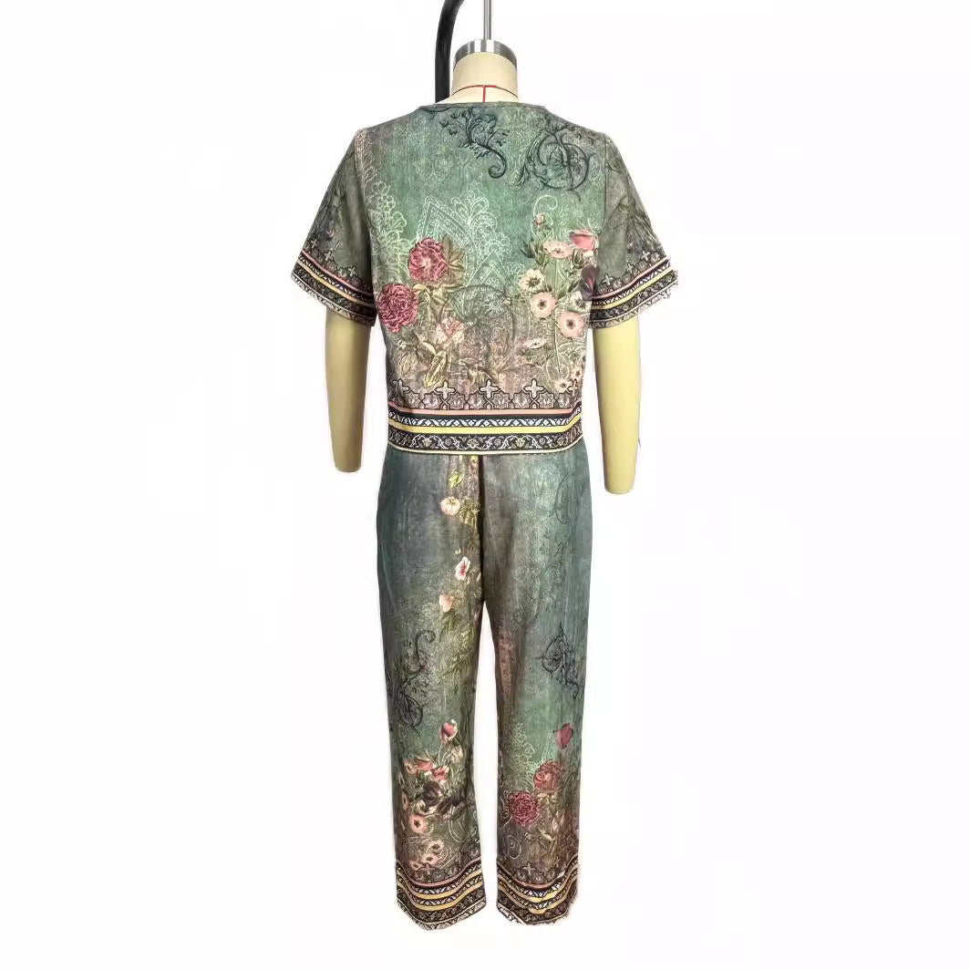 Sleeves Trousers Vintage Printed Bow Tie Temperament Fashion Casual Suit