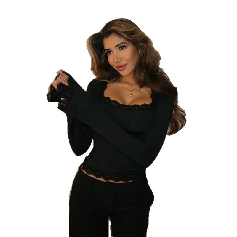 Women's Autumn Solid Color Long Sleeve Lace Band Clothing