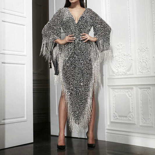 Women's Sequined Irregular Long Sleeve Tassel Deep Dresses