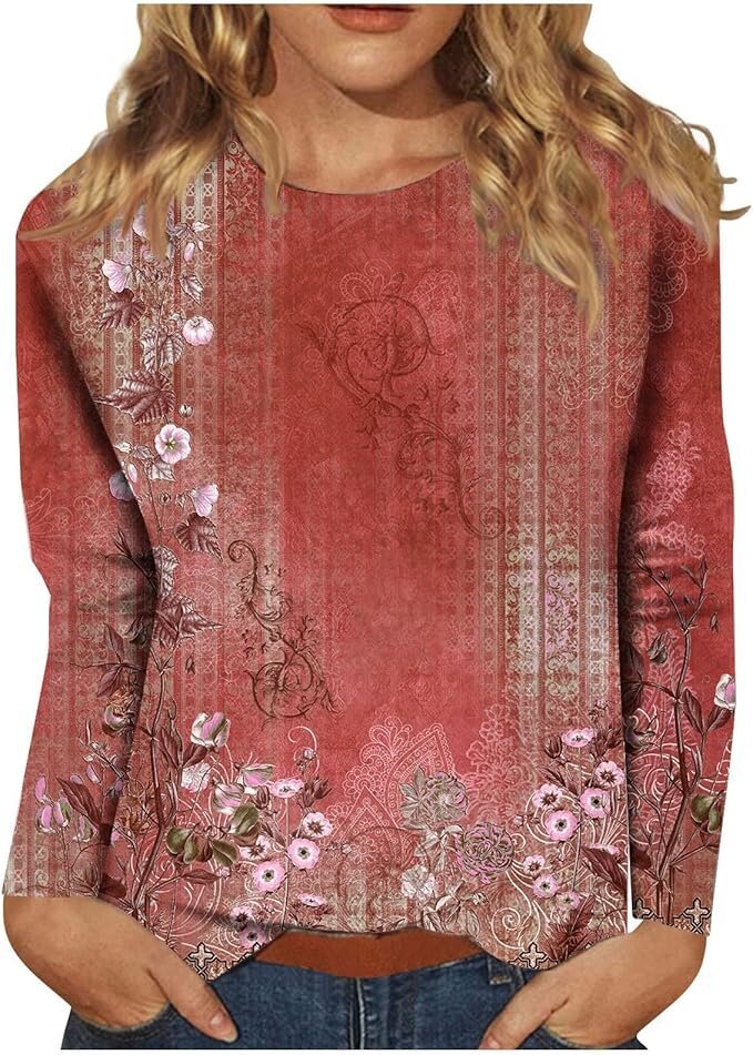 Women's Round Neck Long Sleeve Loose Print Tops