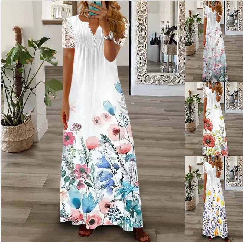 Women's Summer Single Breasted Lace Ruffled Sleeves Dress