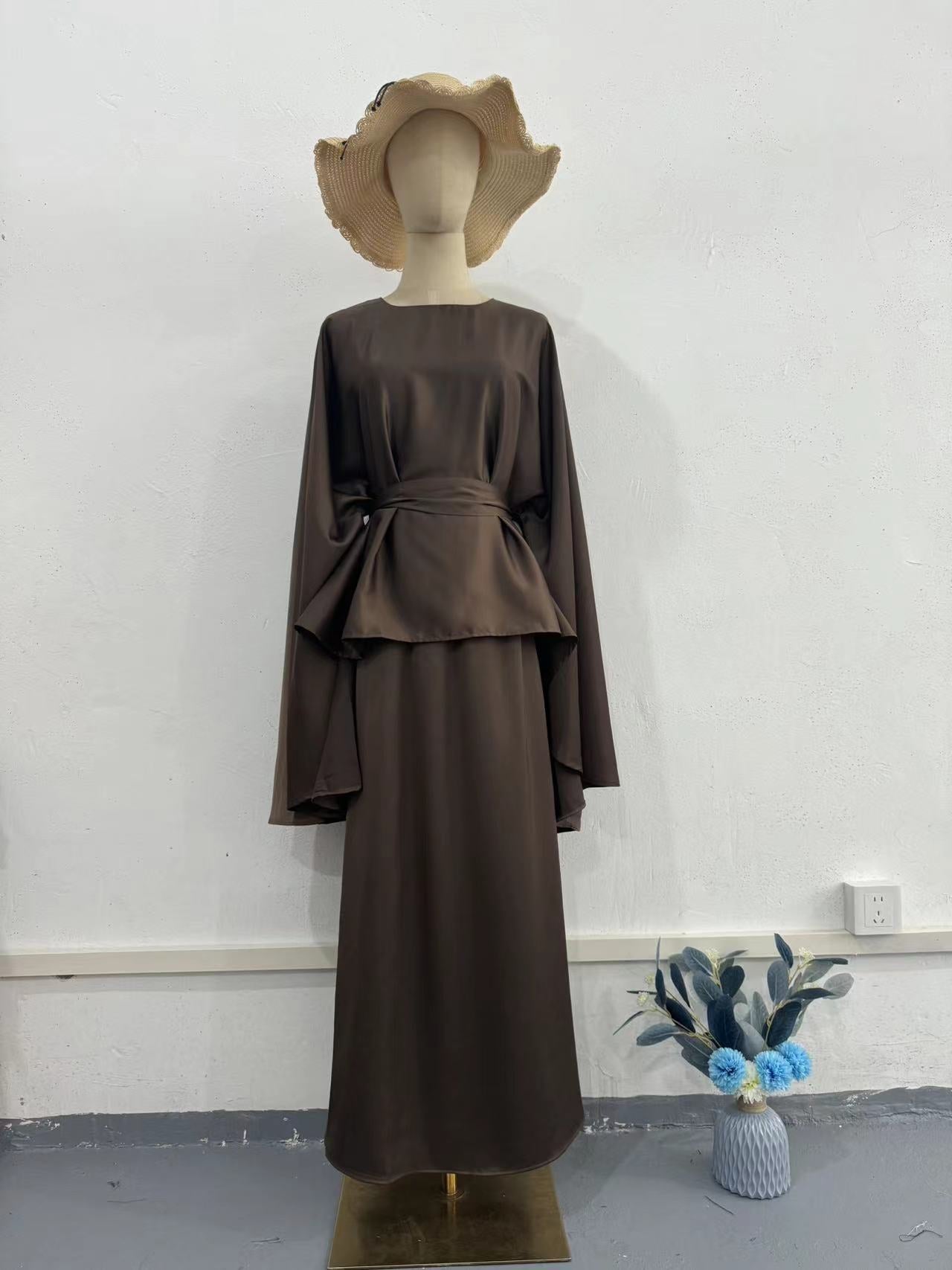 Spring Long-sleeved Dress Batwing Sleeve Waist Draping Dresses