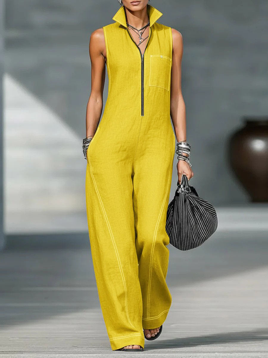 Women's Stand Collar Sleeveless Casual Loose Cotton Women's Jumpsuit/clothing