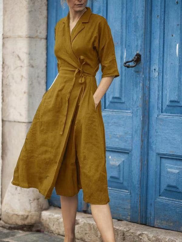 Linen Half Sleeve Turn-down Collar Large Swing Solid Dress