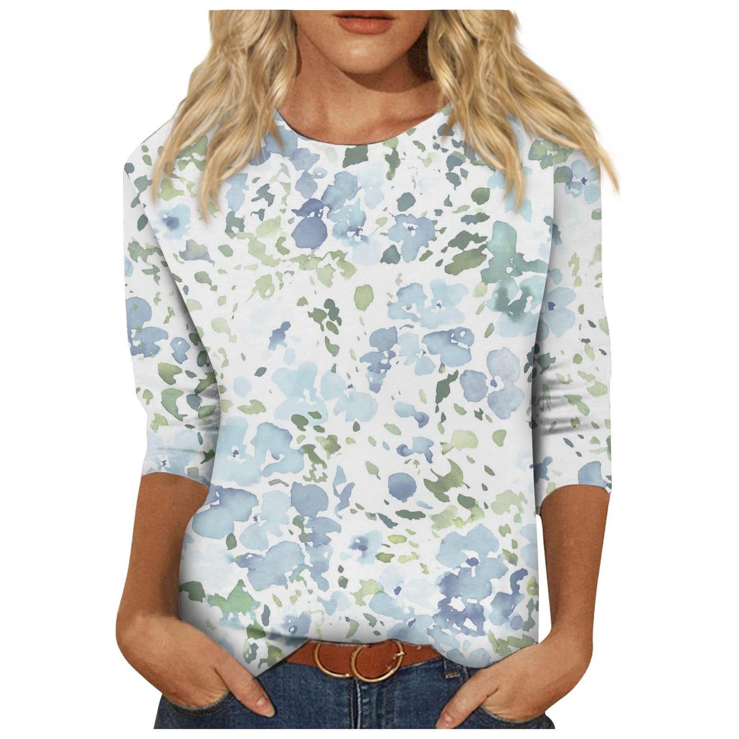 Women's Round Neck Printed Solid Color Three-quarter Women's T-shirt