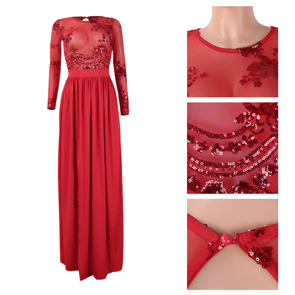 Sexy Backless Sequined Lace Mop Split Dresses
