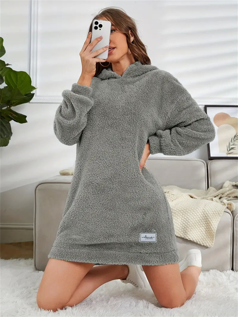 Women's Hooded Long-sleeved Plush Dress Loose Hoodie Women's Sweater, Sweater