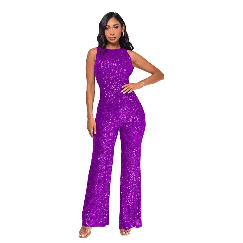 Women's Wind Sleeveless Sequined Round Neck Slim Jumpsuits