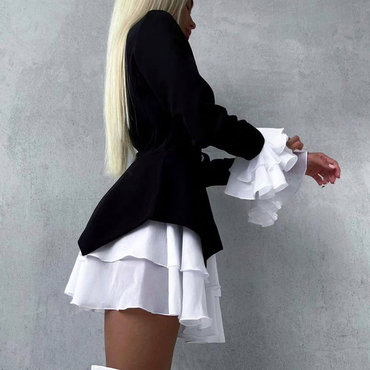Women's White Color Contrast Dress Flared Sleeves Dresses