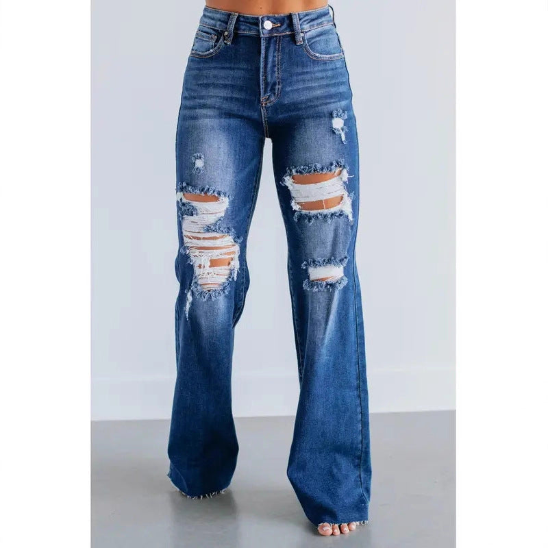 Women's Waist Casual Slimming Holes Wide Leg Women's Jeans