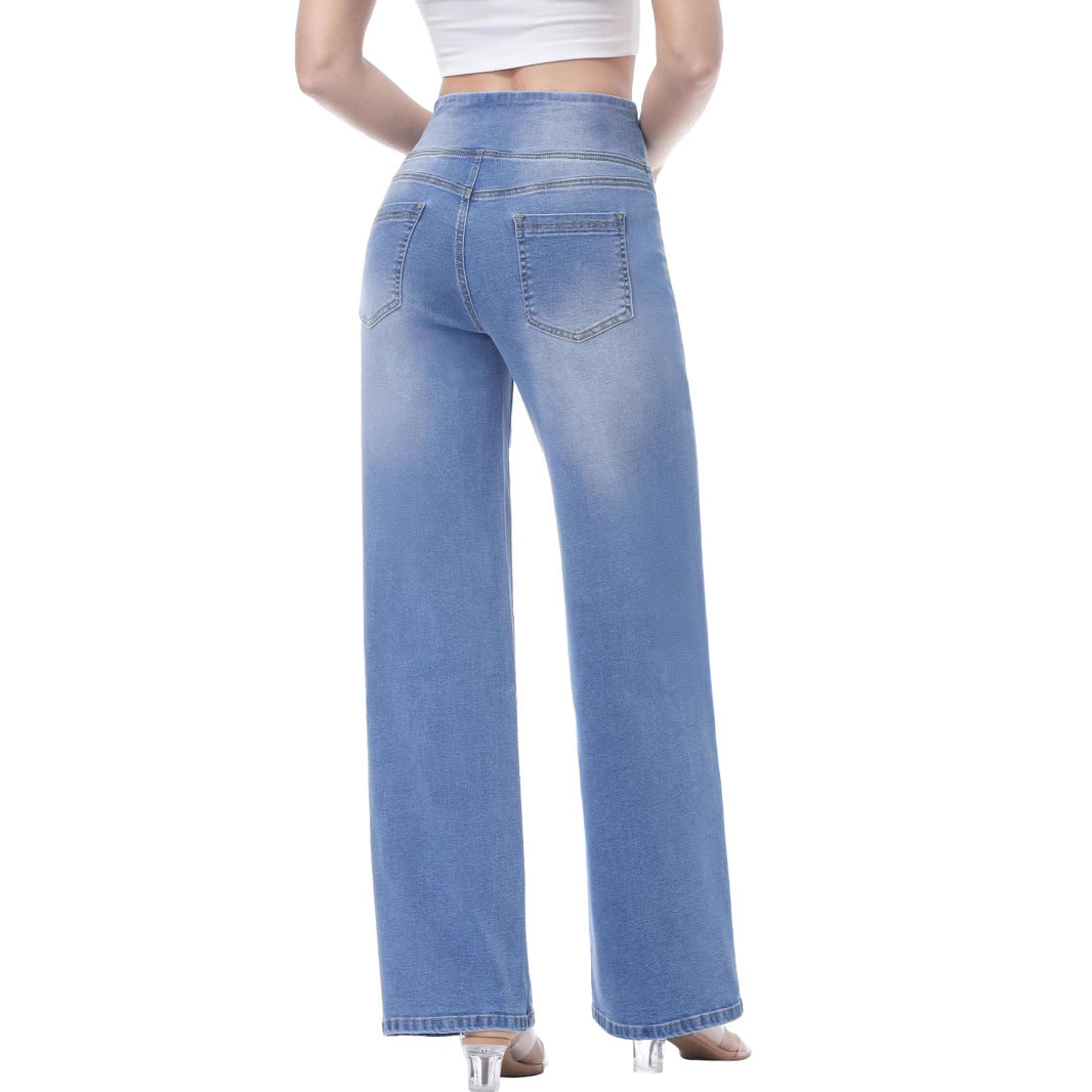 Women's Elastic Fashion Belly Contracting Strap Pocket Jeans