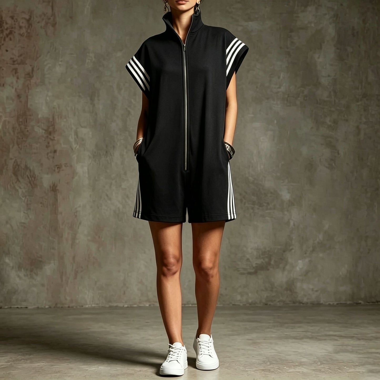 Women's Stand Collar Casual Zipper Striped Contrast Color Clothing