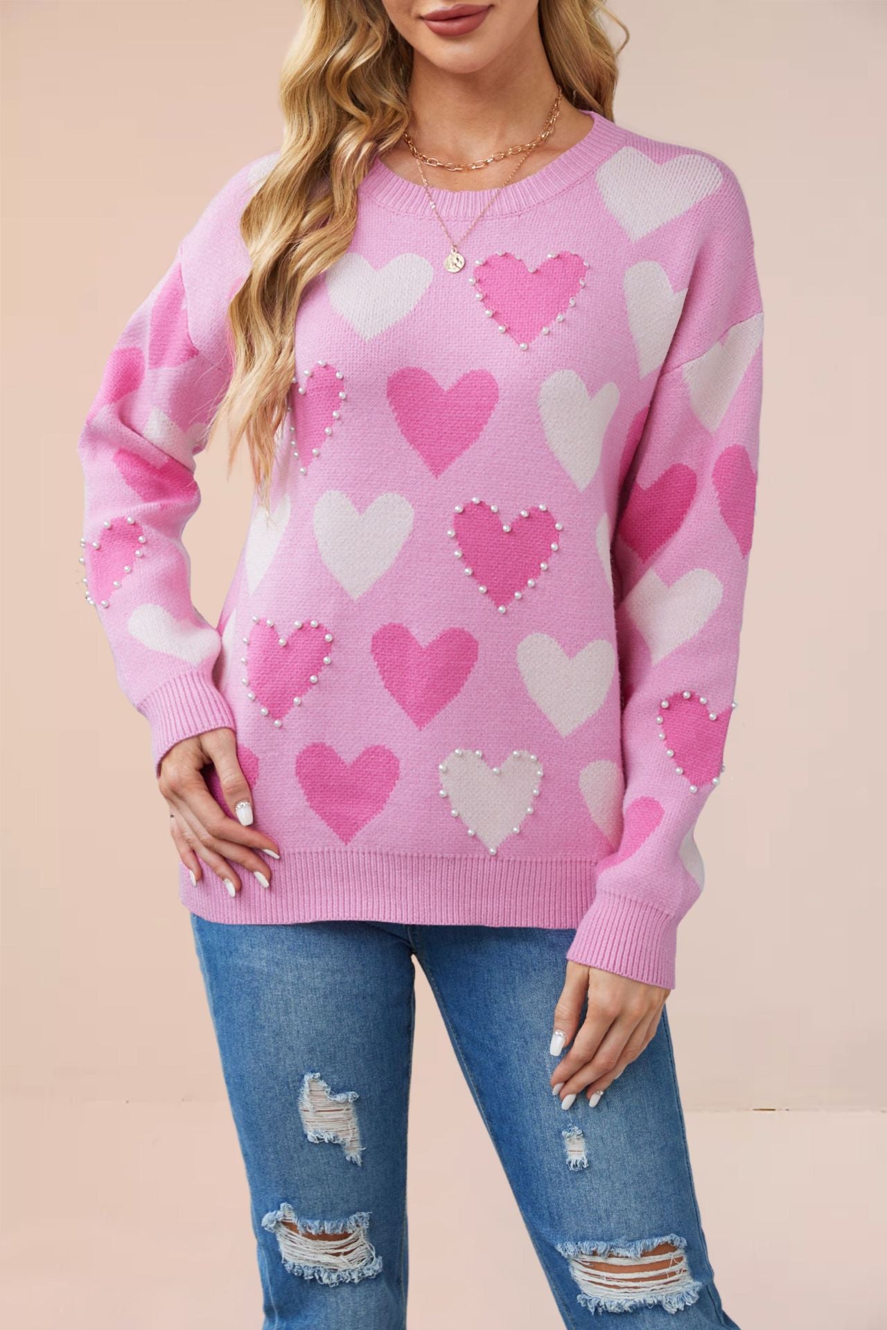 Day Round Neck Handmade Beaded Heart Sweaters