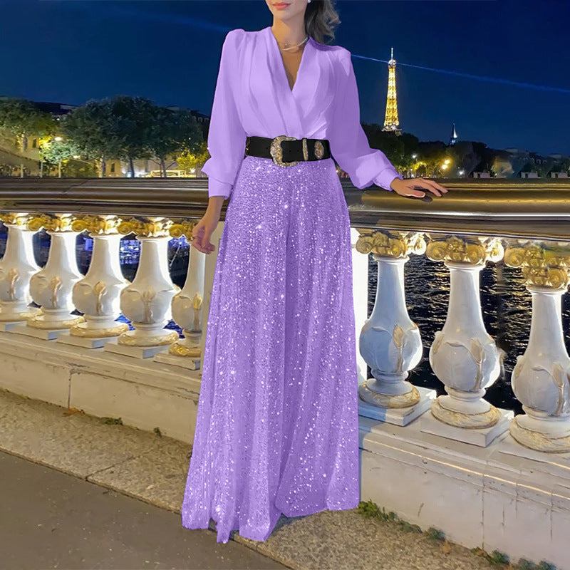 Women's Shirt Elegant Waist Slimming Sequined Wide Women's Jumpsuit/clothing