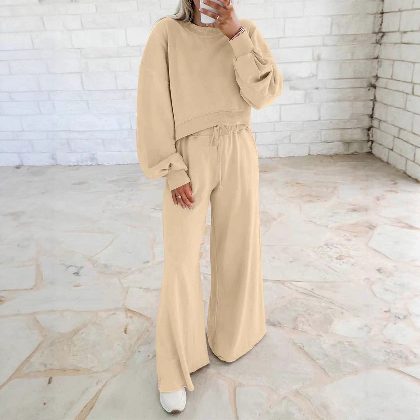 Women's Drop Shoulder Puff Sleeve Pullover Sweatshirt Suits