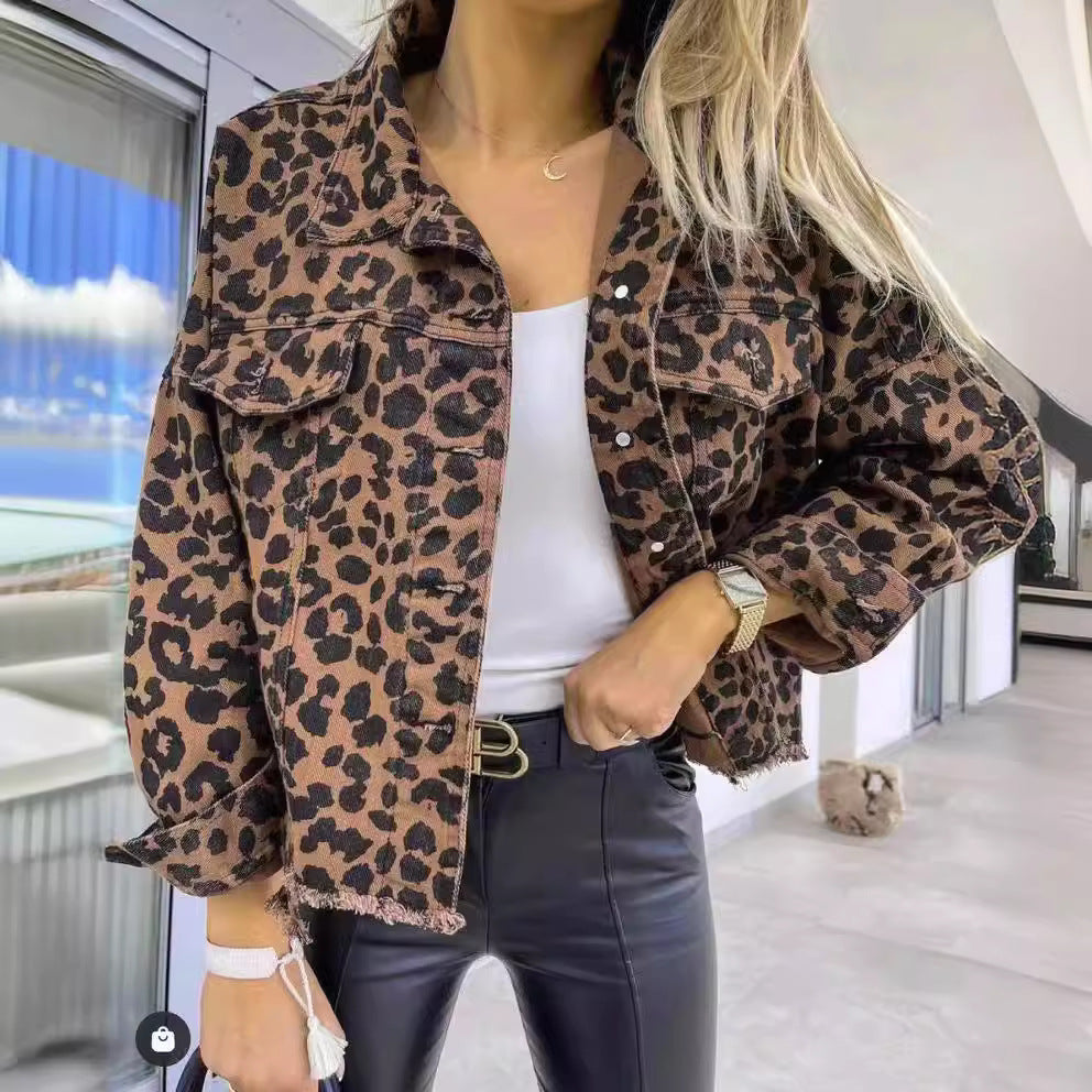 Women's Denim Leopard Print Long Sleeve Loose Jackets