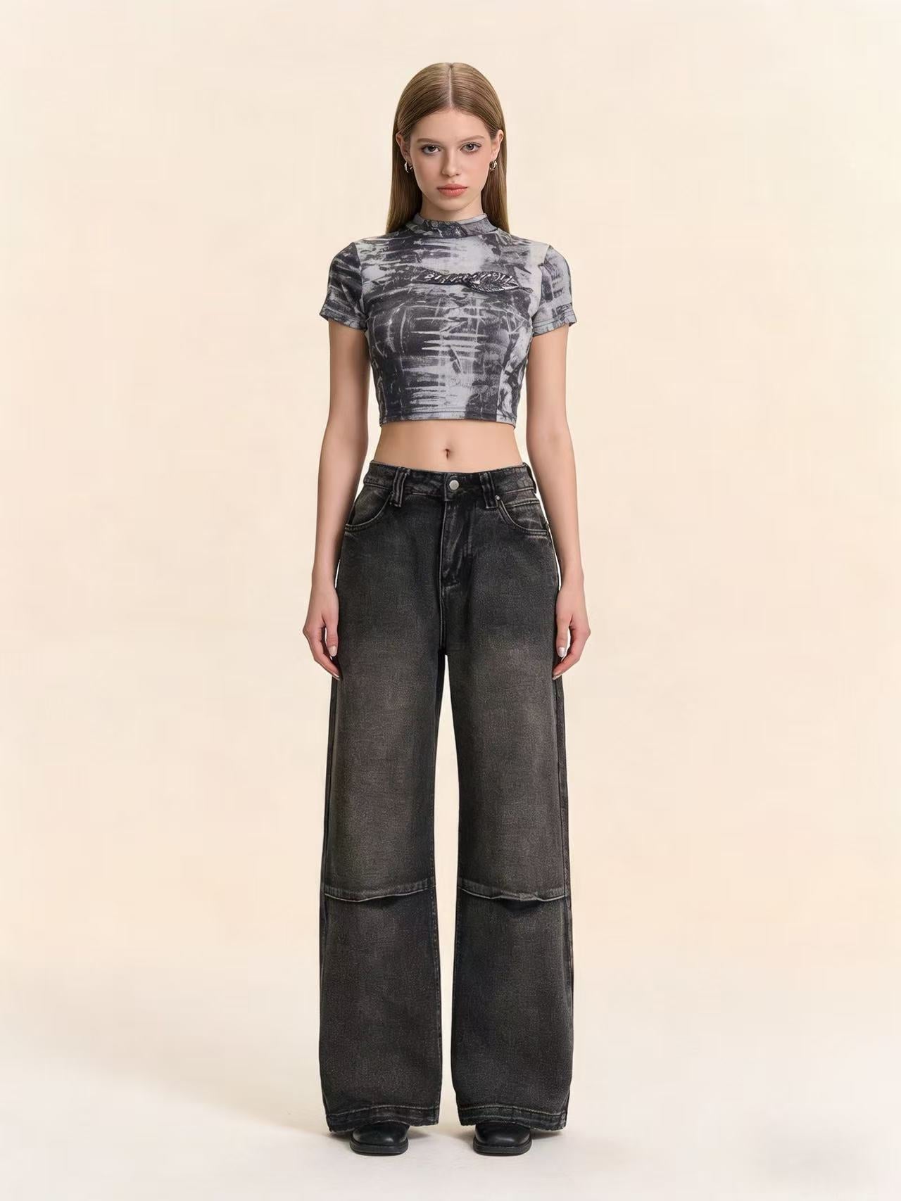 Women's Source Washed Distressed Gradient Wings Printing Retro Loose Women's Jeans