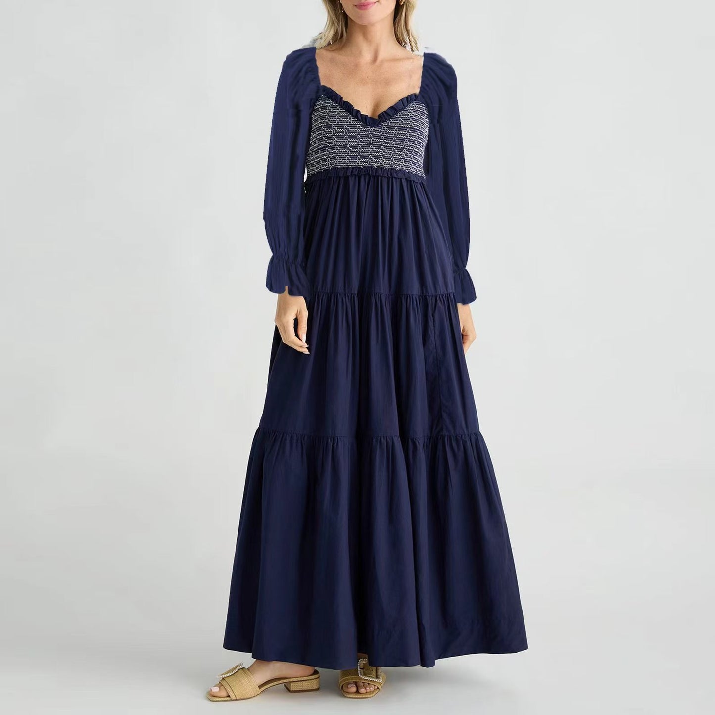 Women's Popular Long Sleeve Pleating Layered Wooden Dresses
