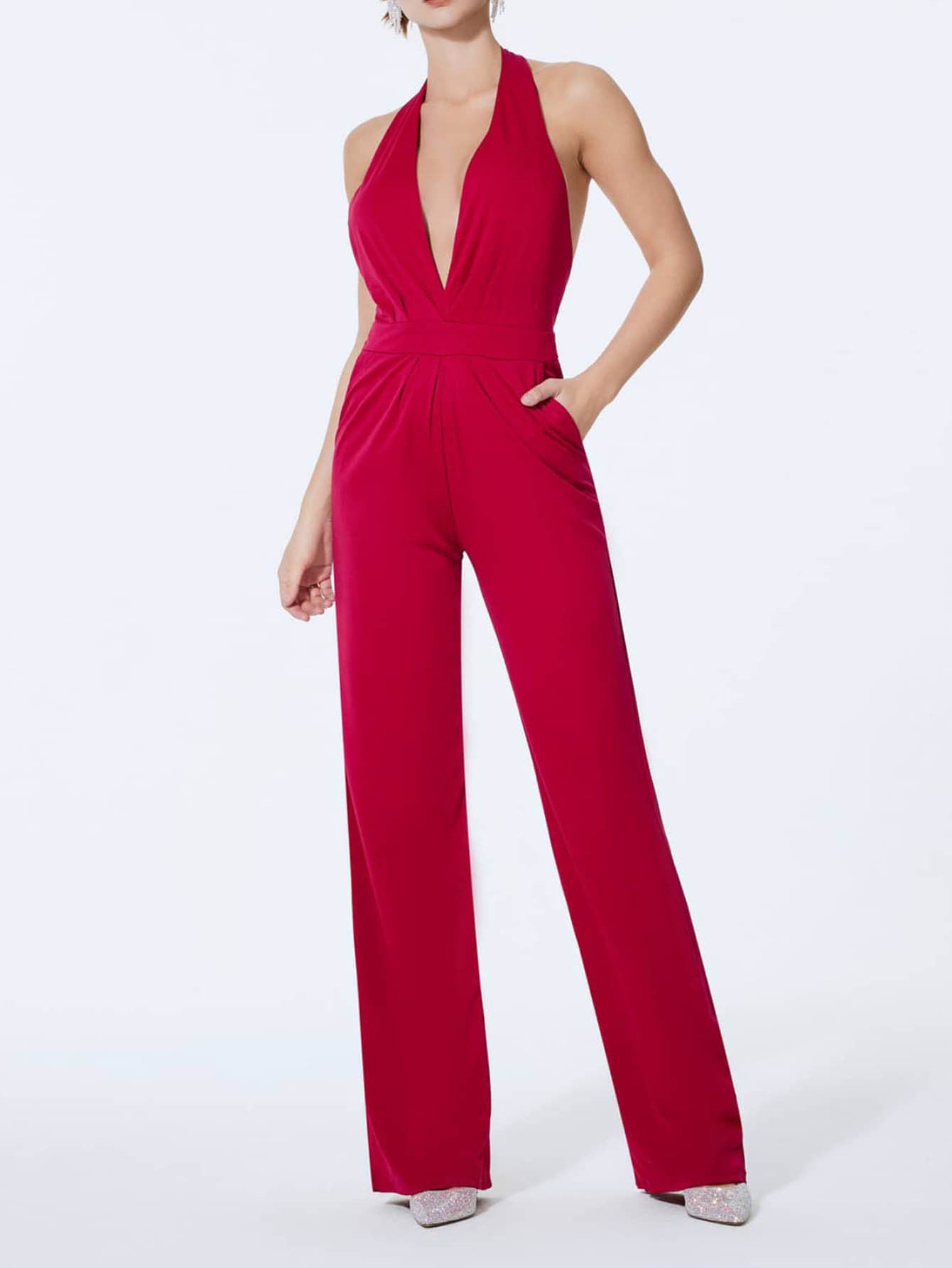 Solid Color Elegant Halter Sleeveless Long Women's Jumpsuit/clothing