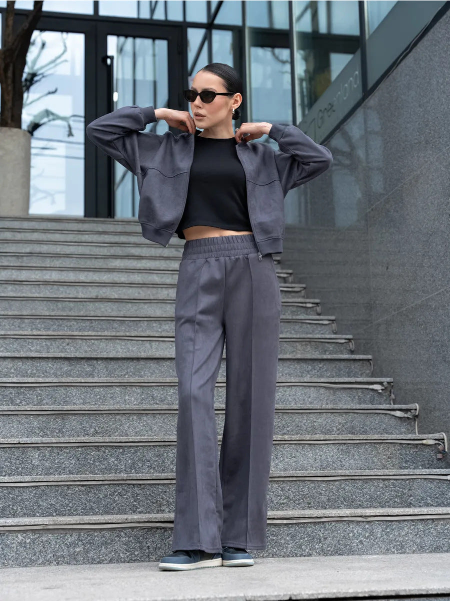 Women's Casual Solid Color Zipper Elastic Two-piece Suits