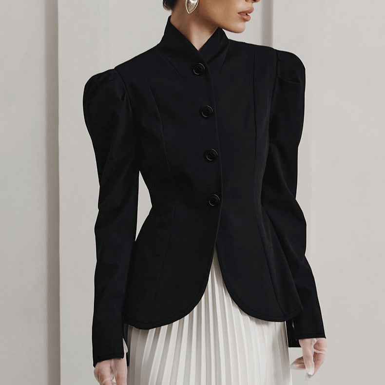 Women's Retro Black Stand Collar Small Commuter Blazers
