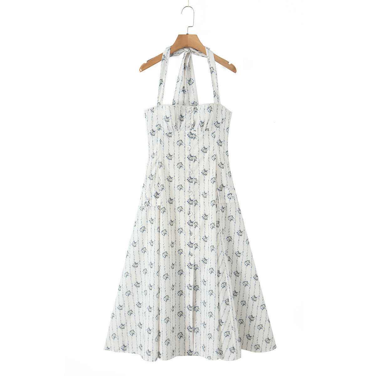 Style Hot Elegant Design Button Halter Midi Dress Summer Dresses