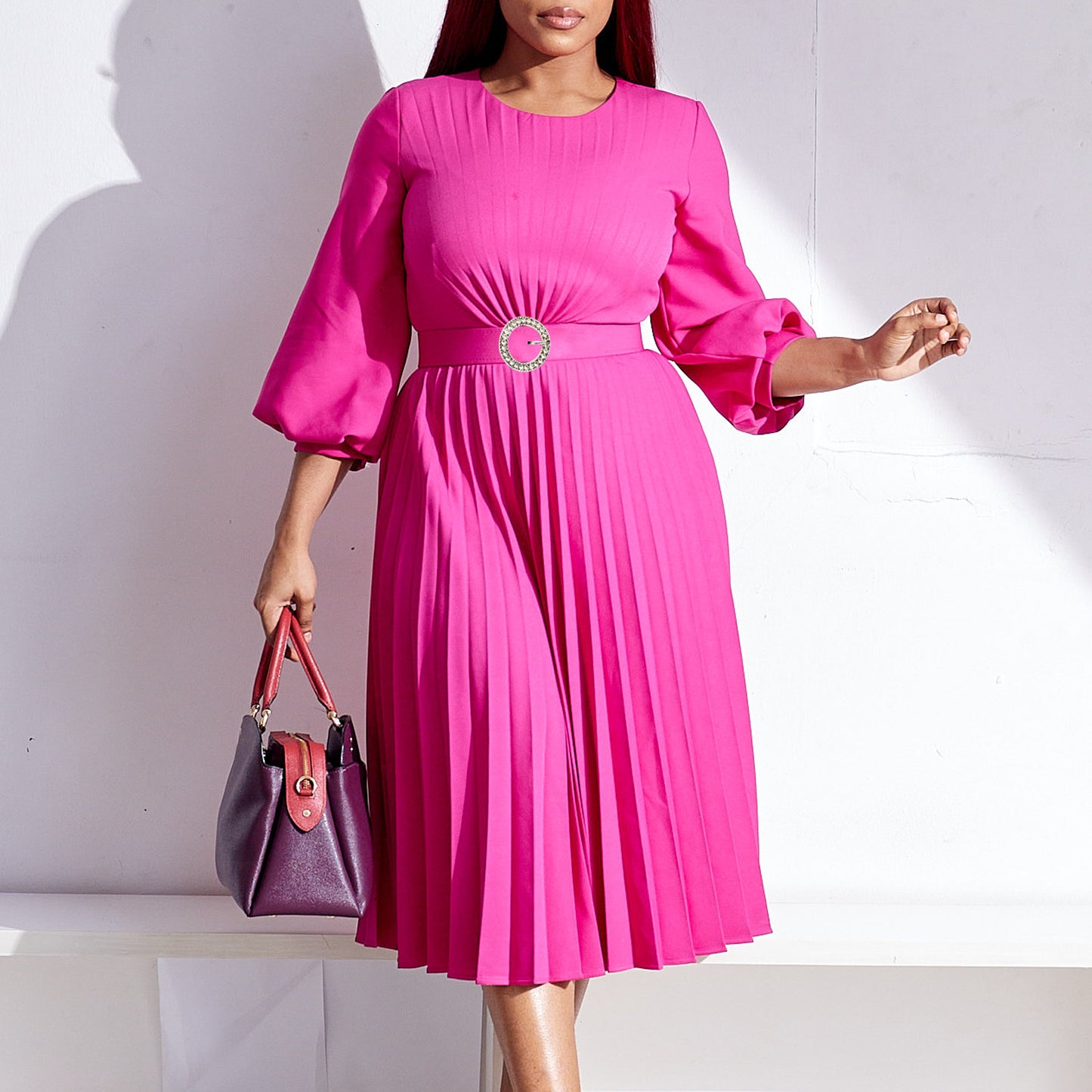 Women's Solid Color Pleated Loose Waist Round Dresses