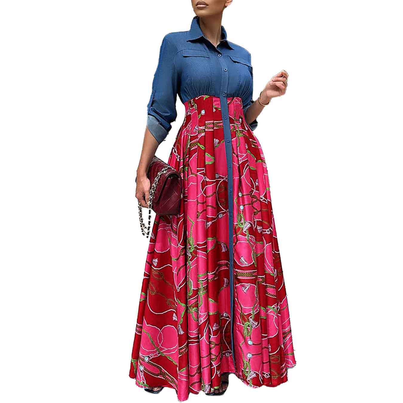 Women's Large Fashion Casual Denim Stitching Printing Dress