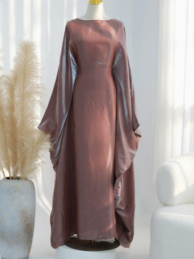 Solid Color Loose Simple Shiny Satin Robe Batwing Dress