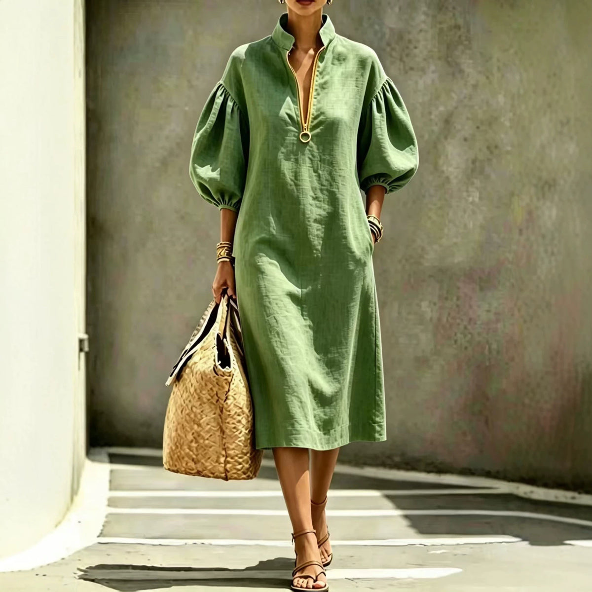Women's Casual Loose Lapel Puff Sleeve Half Dress