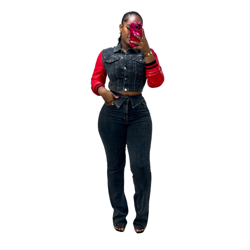 Women's Denim Leather Stitching Stretch Trousers Suits