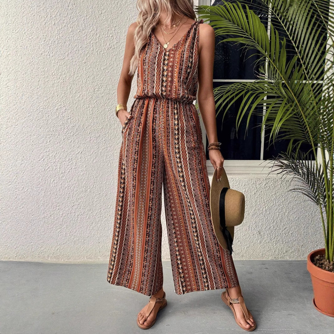 Casual Striped Printed Suspender Elastic Waist Jumpsuits