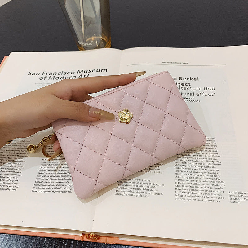 Women's Thin License Clamp Camellia Diamond Zipper Ladies Wallets