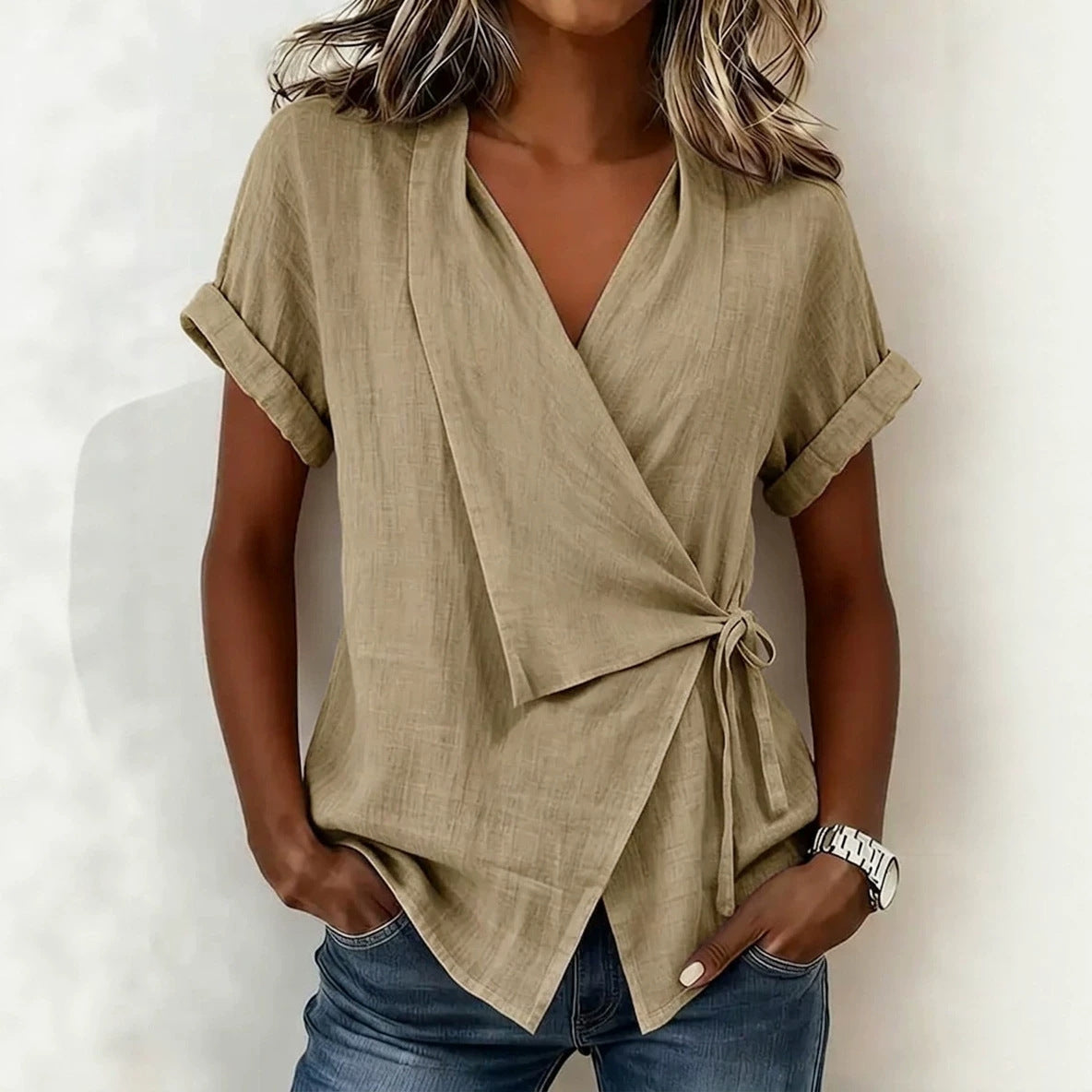 Summer Casual Solid Color Polo Collar Irregular Women's T-shirt