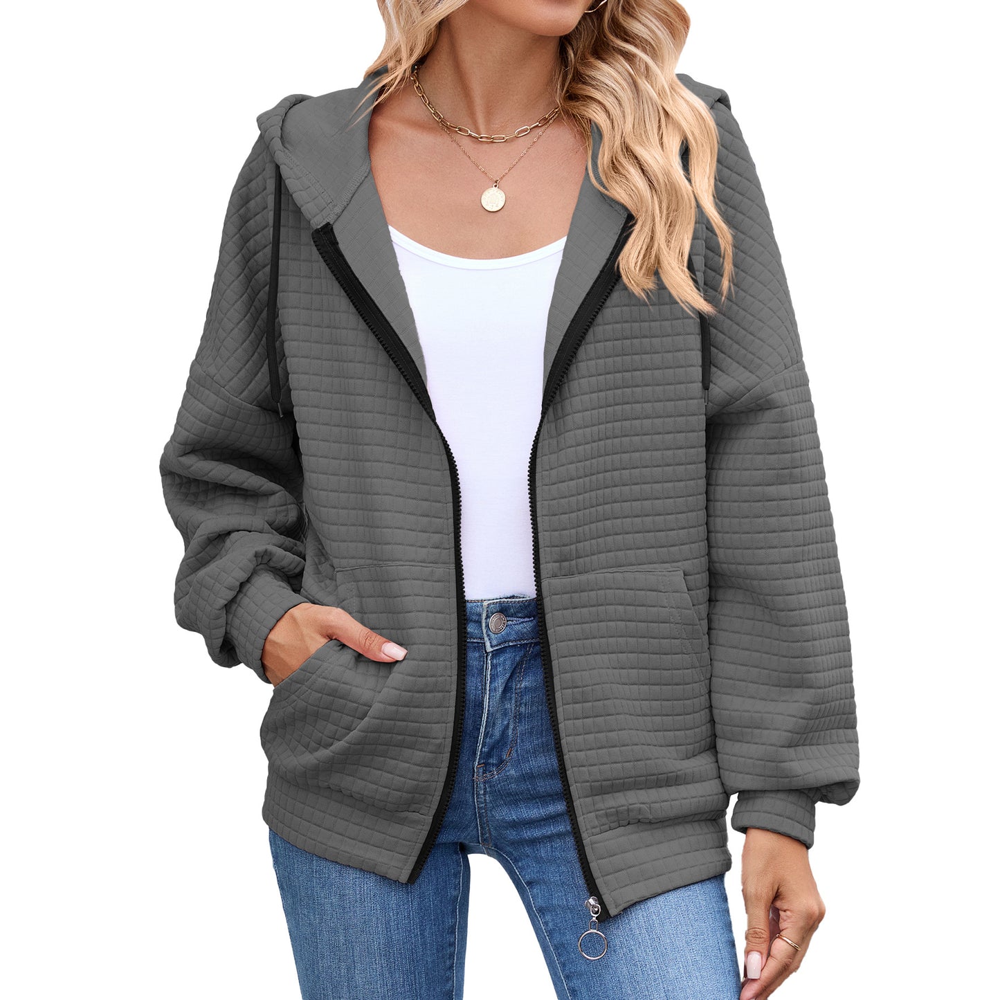 Women's Solid Color Zipper Hooded Pocket Sweatshirt Coats