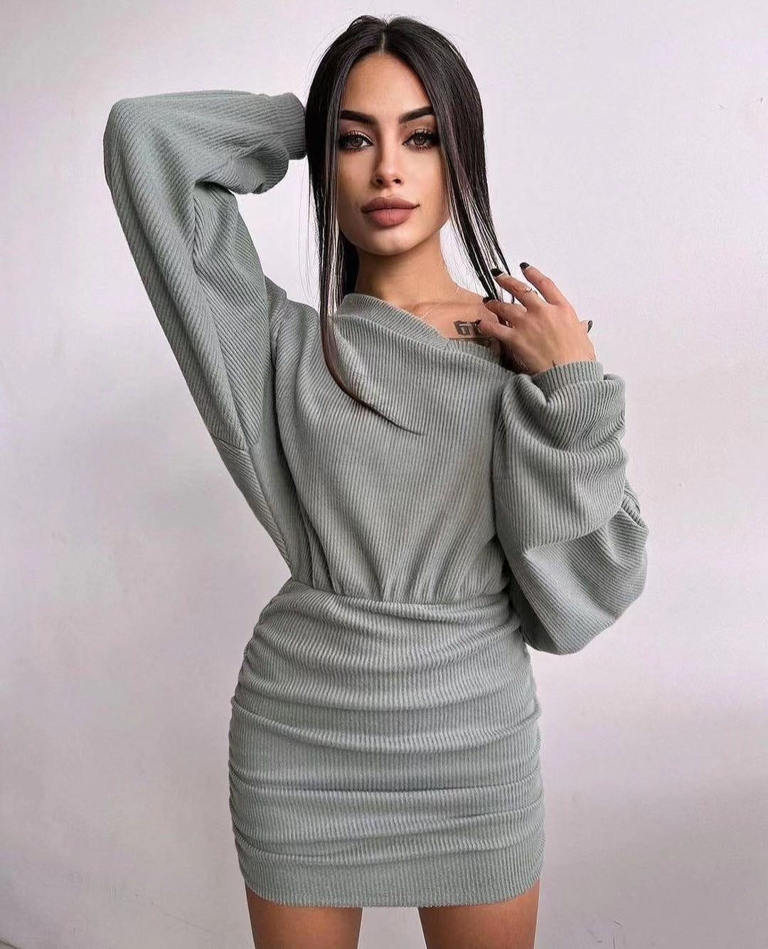 Knitted Commuter Loose Crimp Sunken Stripe Dress