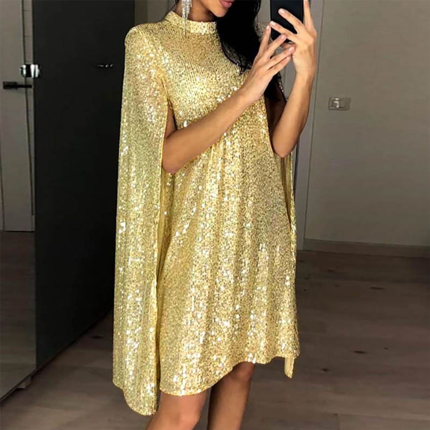 Women's Small Stand Collar Sequins Dress Loose Dresses
