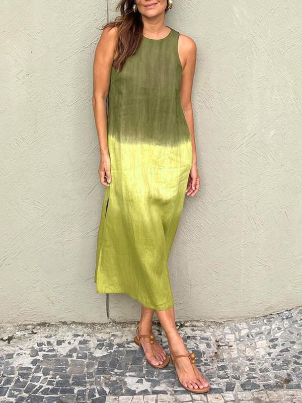 Women's Summer Casual Cotton Linen Sleeveless Slit Dress