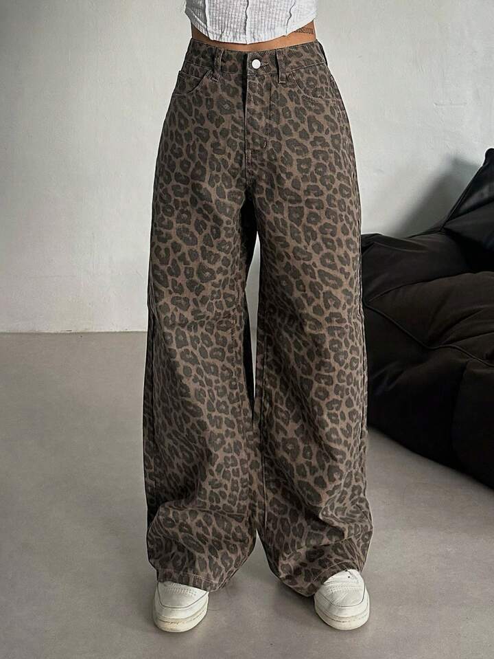 Women's Leopard Print Retro Design Niche Loose Women's Jeans
