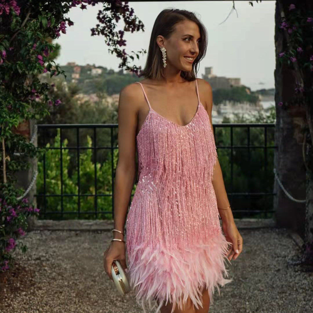 Women's Summer Fashion Tassel Sequins Feather Stitching Dress Dresses