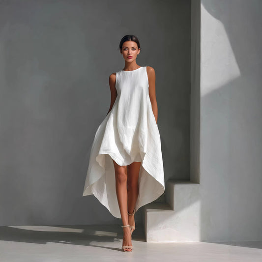 Women's Spring Cotton Linen Front Long Back Irregular Sleeveless Dress