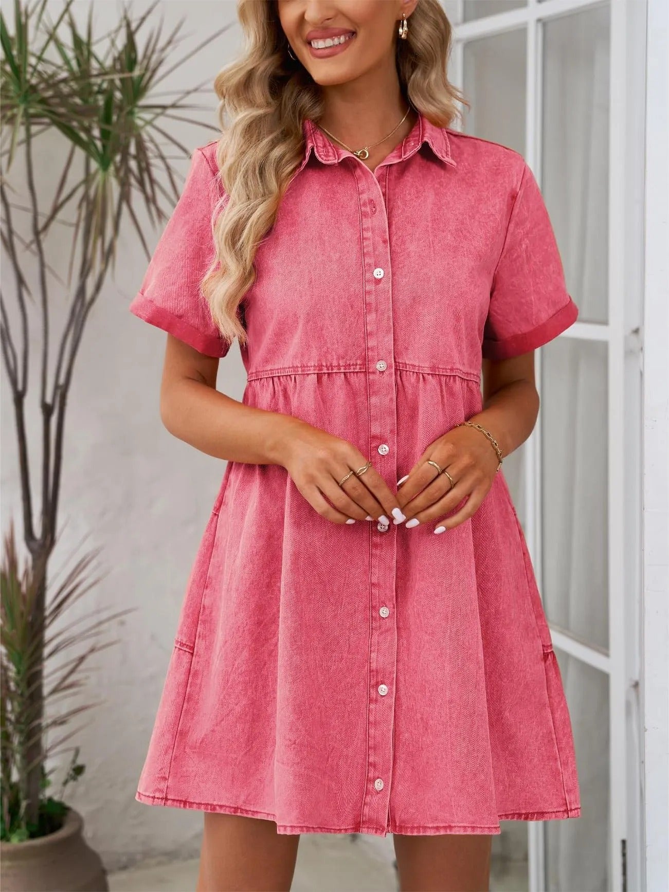 Washed Denim Lapel Loose Sweet Lotus Dresses
