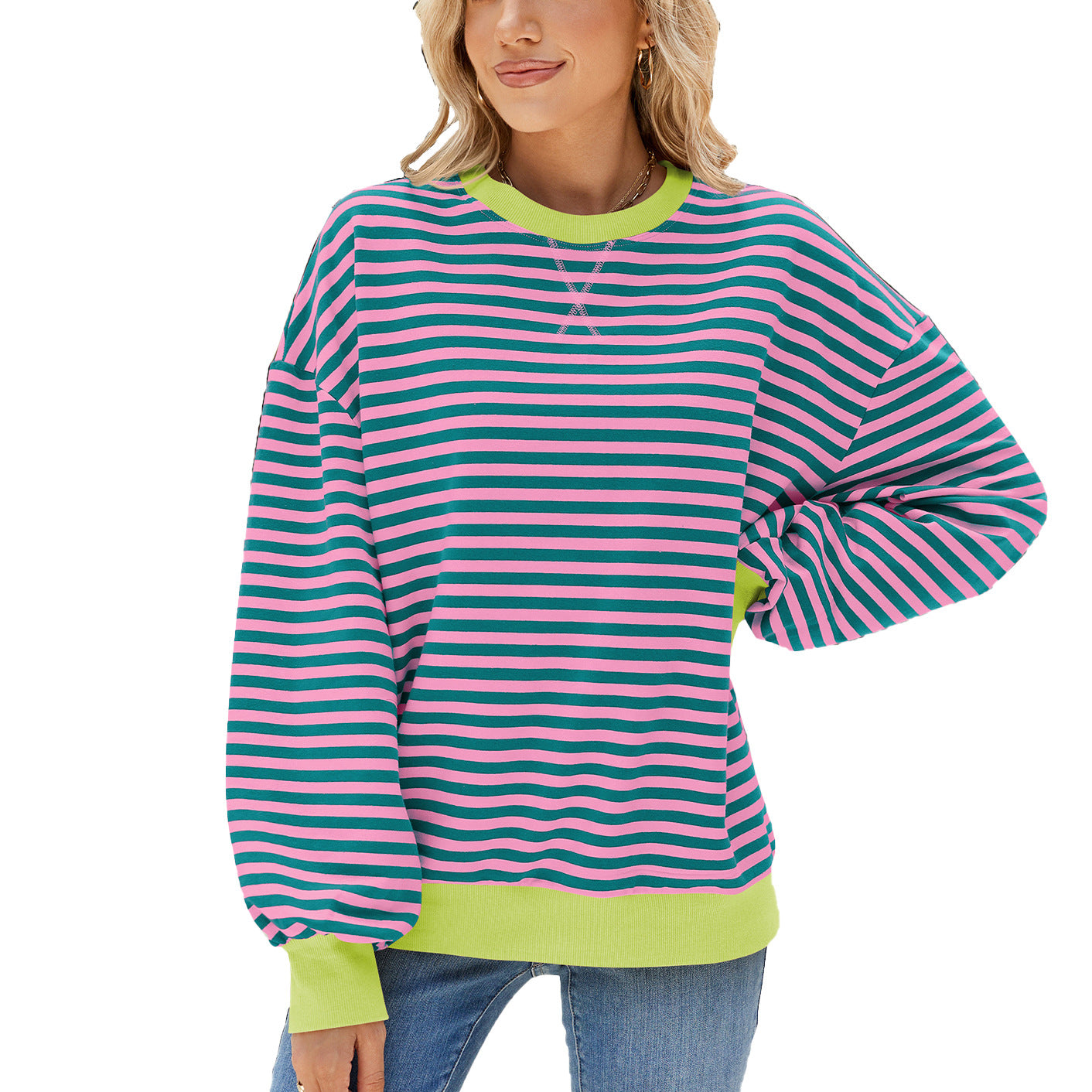 Women's Round Neck Contrast Color Loose Long Sleeve Women's Sweater, Sweater